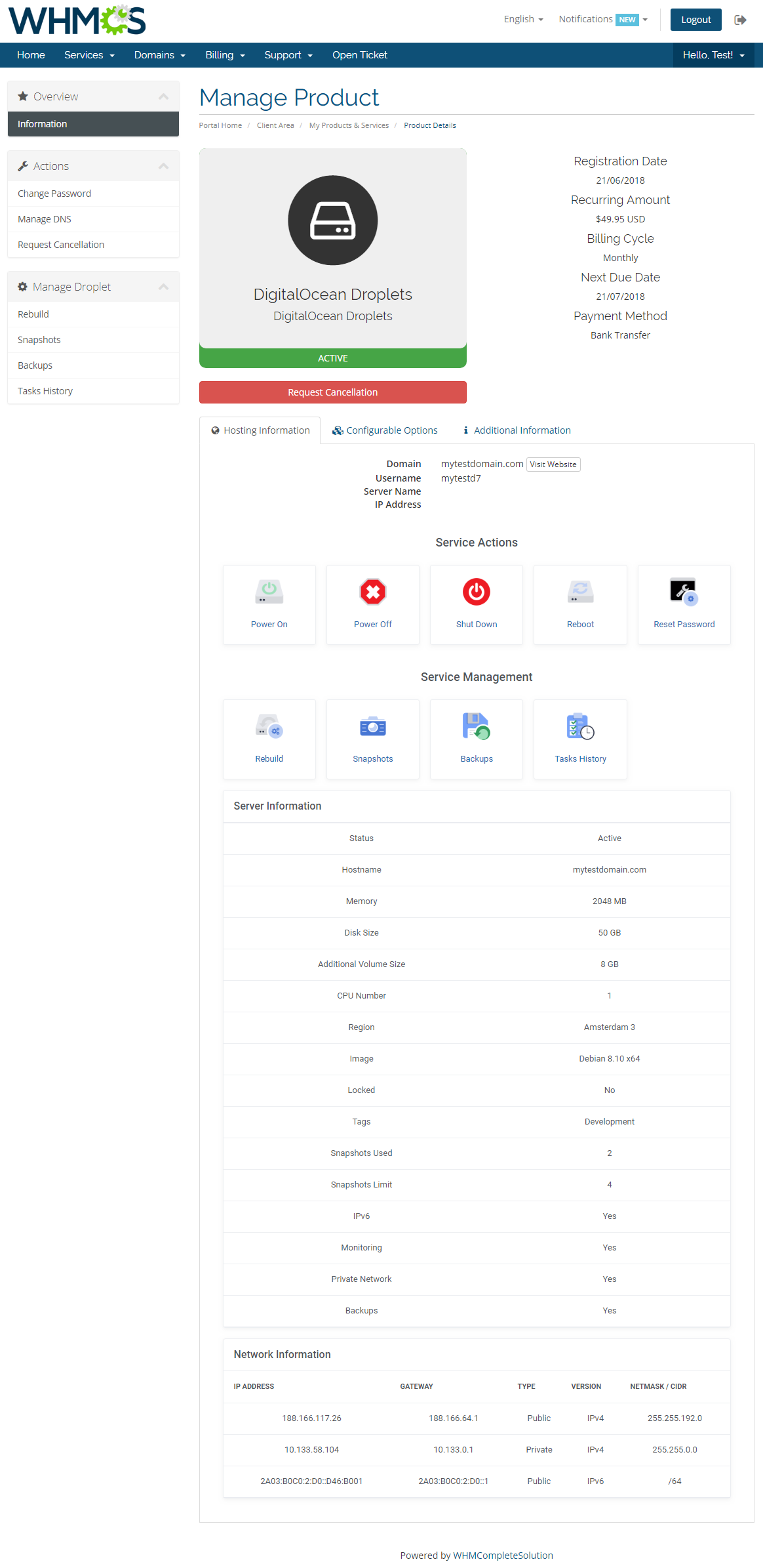 DigitalOcean Droplets For WHMCS